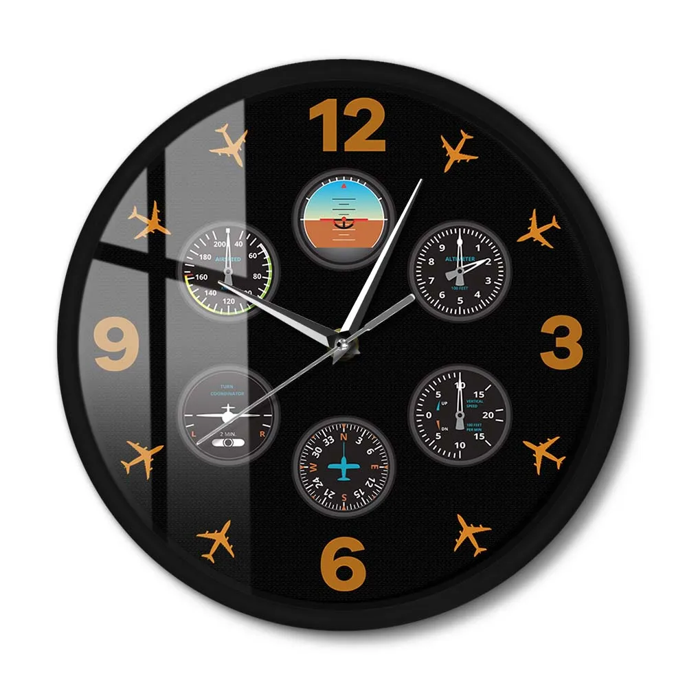 Pilot's Six Pack Airplane Instruments Printed Metal Frame Wall Clock Silent Aircraft Dashboard Black Watch For Pilot Aviator