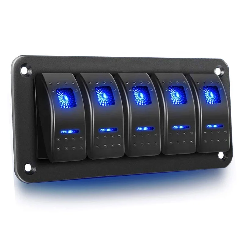 

5 Gang Aluminum Rocker Switch Panel Toggle Dash 5 Pin ON/Off Pre-Wired Rocker Switch Blue Backlit Switch