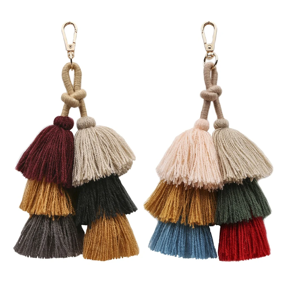 2 Pack Colorful Boho Pom Pom Tassel Bag Charm Keychain, Handmade Car Key Chain Key Ring Pendant for Purse Handbag Decor