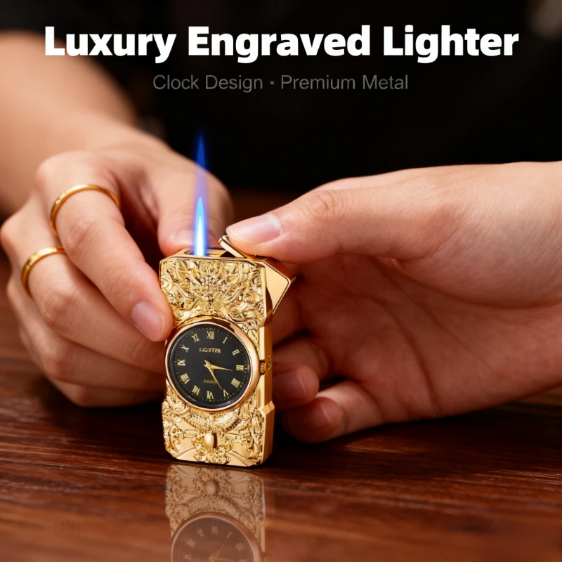 

New Quartz Dial Lighter - Direct Blue Flame, Inflatable, Metal Windproof Torch, Outdoor Use, Cigarette Accessory, Men's Gift