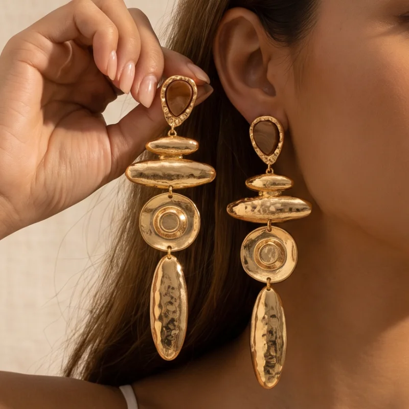 Luxury Textured Metal Multi Oval Disc Drop Earrings Retro Ethnic Long Statement Earrings For Women