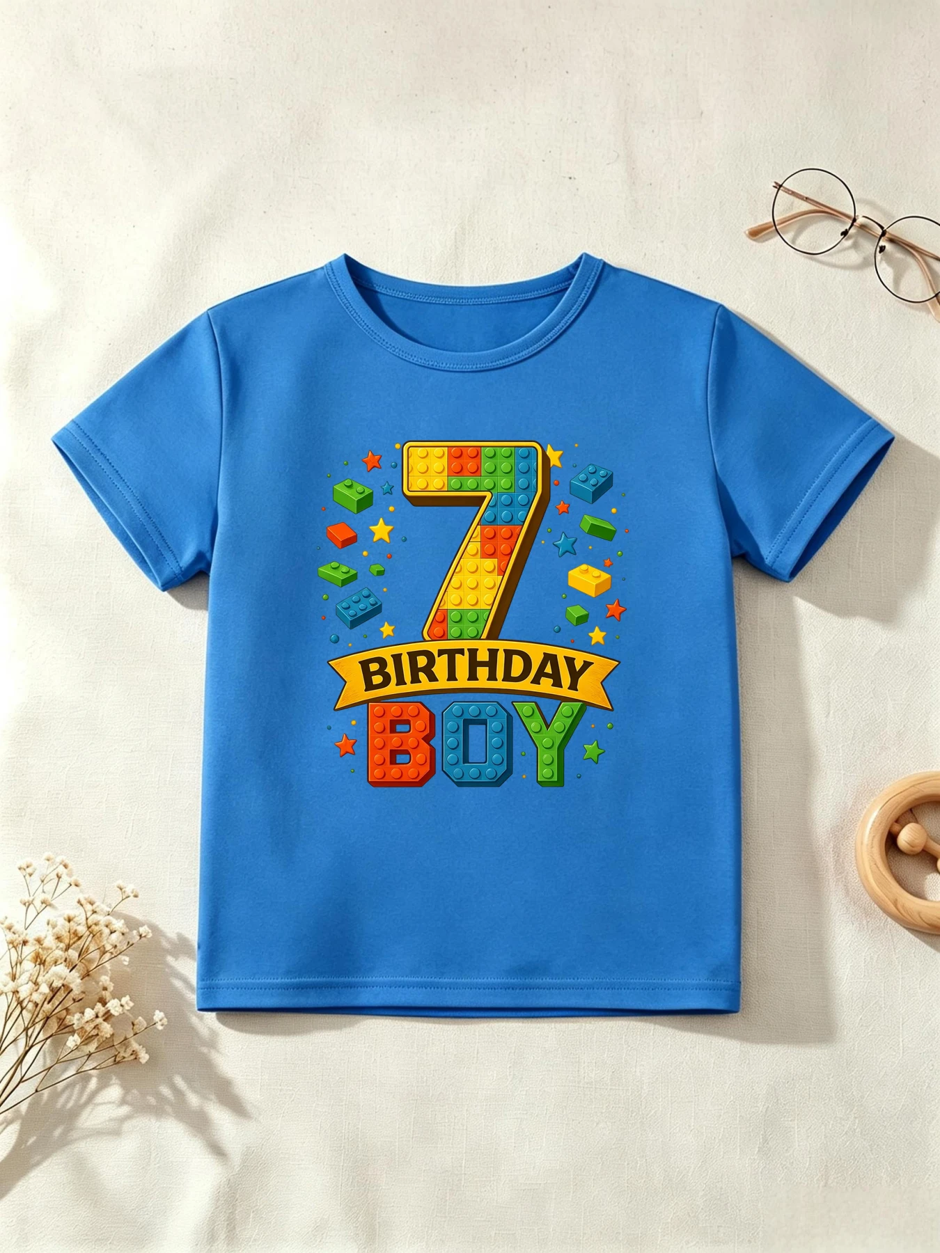 7th Birthday Boy Building Blocks Printed T Shirt Boys The Best Birthday Gift T-Shirt Kids Clothes Summer Short Sleeve T-Shirt