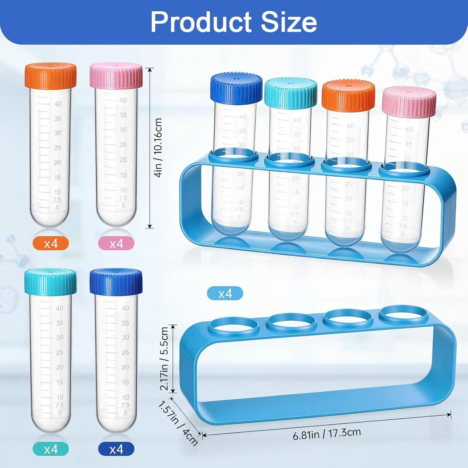 Large test tube set with stand, featuring 4 colors of large test tubes and one stand, suitable for scientific experiments
