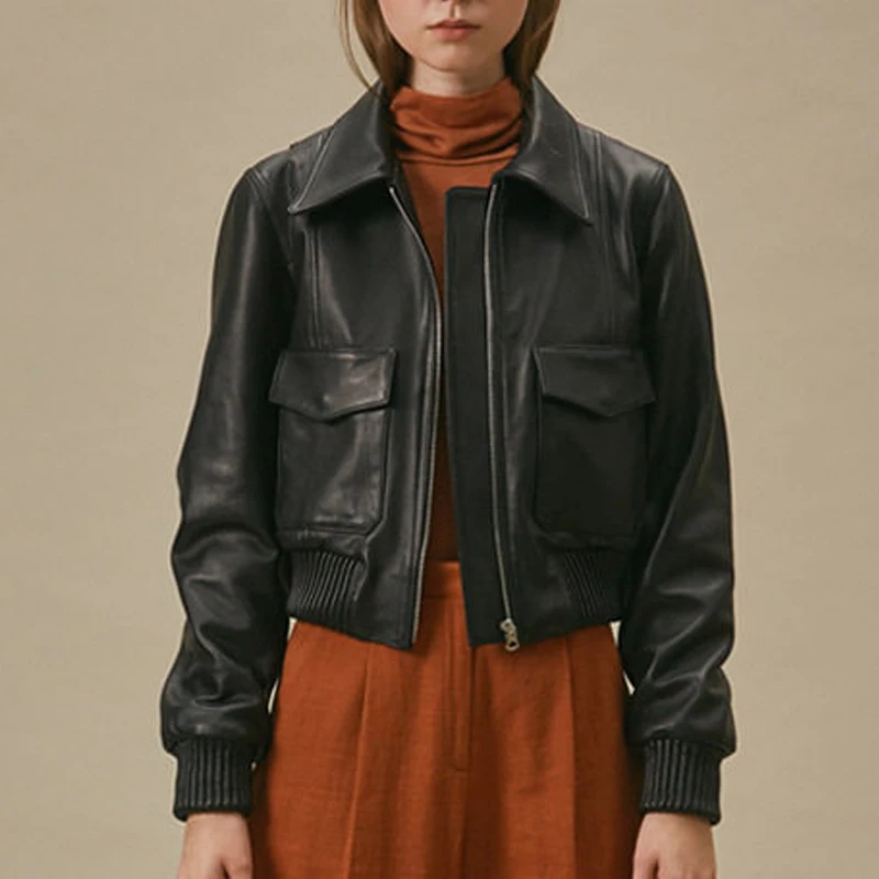 

2026 Fall Winter Women's Sheepskin Jacket Fashion Short Slim-Fit Genuine Leather Baseball Jacket Female Casual Pockets Coats