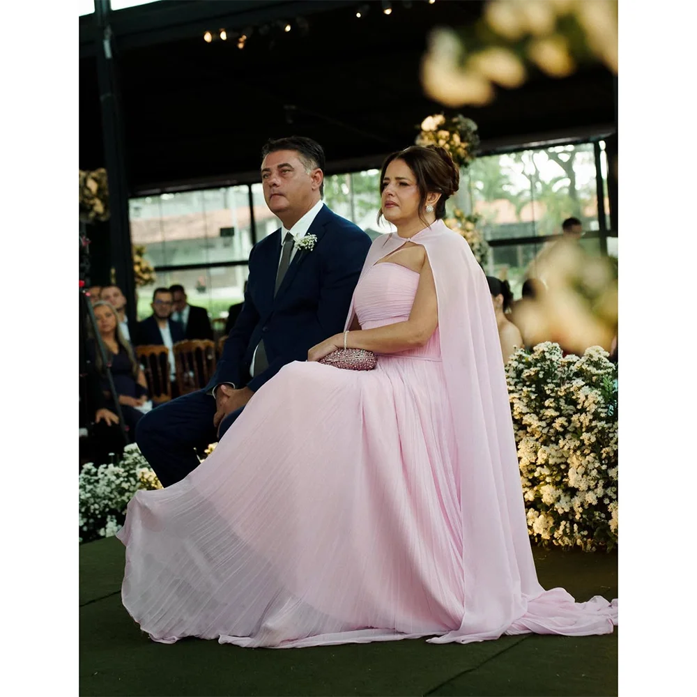 Elegant Pink Mother of The Bride Dress with Cape Customized Strapless Pleat Chiffon A Line Long Wedding Guest Dresses