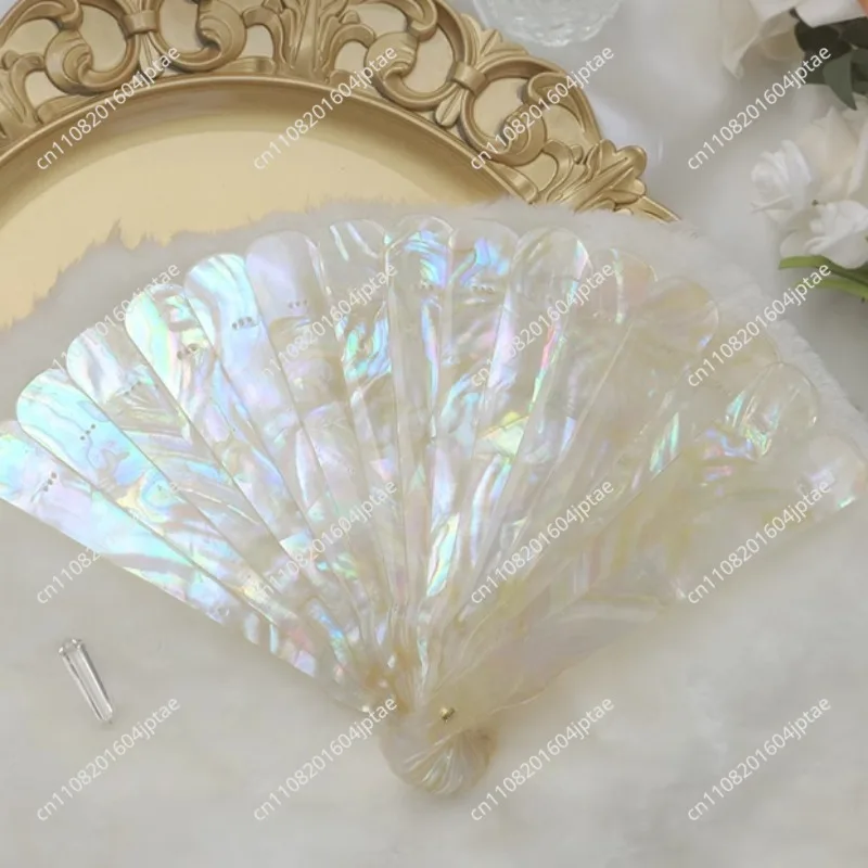 Handmade Epoxy Resin Mother-of-Pearl Shell Folding Fan - Vintage-Inspired Hanfu Photography Prop with Natural Nacre Inlay