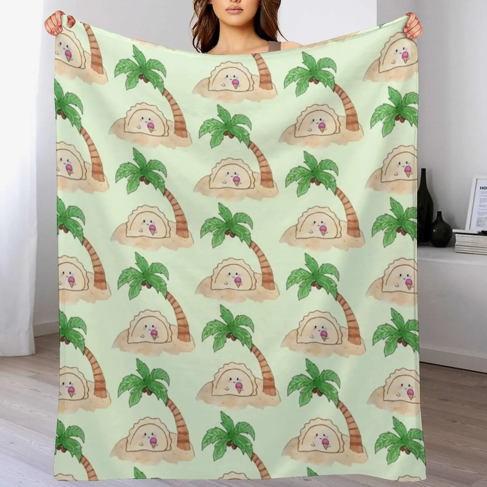 

Dumpling pierogi on a deserted island with ice cream under a palm tree pattern Throw Blanket Elderly warm blanket