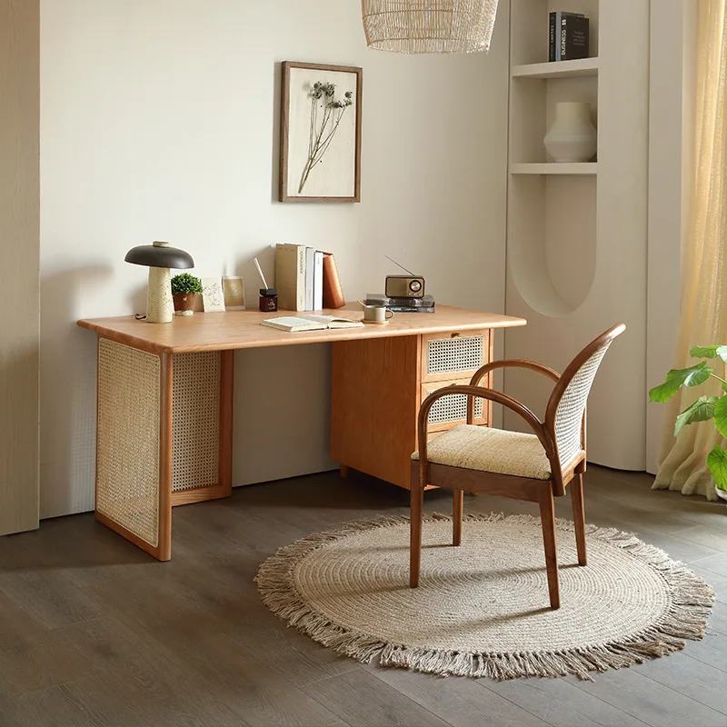 

Nordic all solid wood desk bedroom rattan home writing table small apartment simple drawer locker computer table