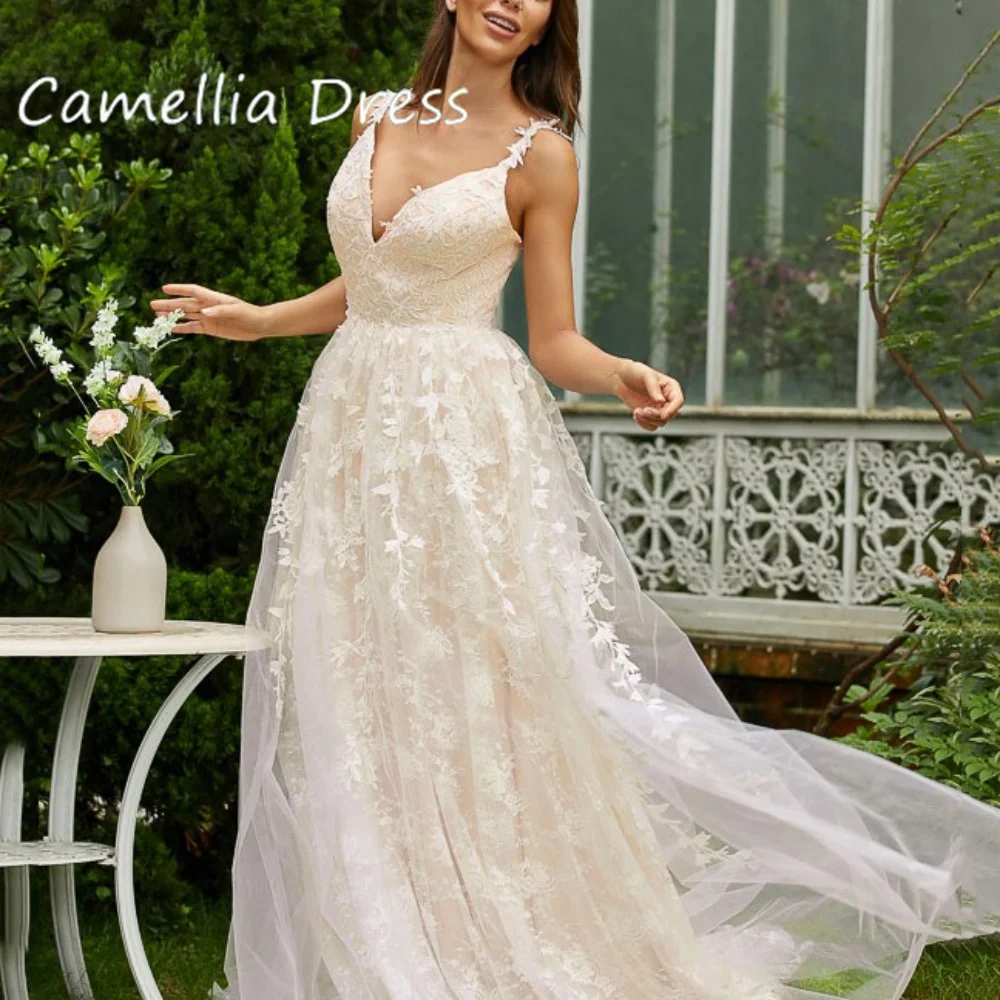 Camellia Pretty Party Dresses Elegant A Line V Neck Appliques Evening Gowns Spaghetti Straps New Arrival Tulle Prom Dress