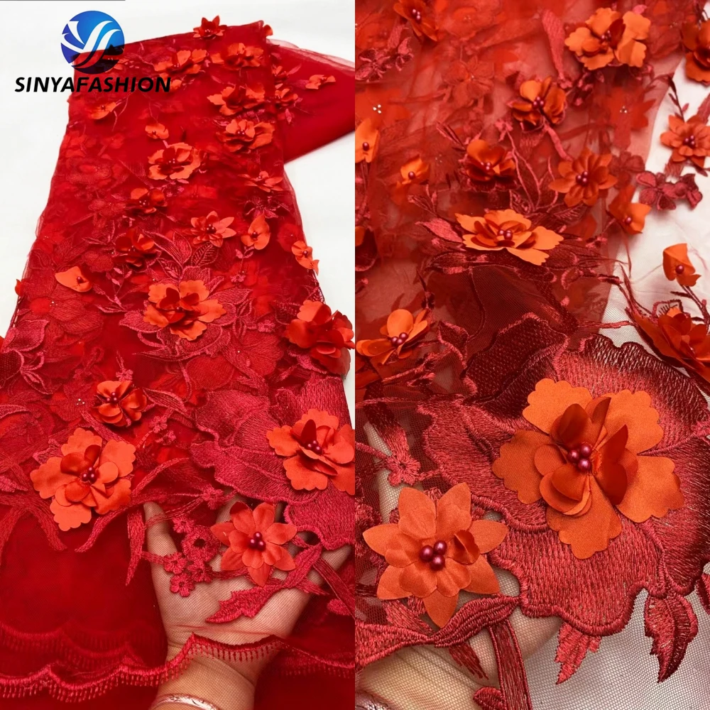 

Tim African 3D Flower Lace Fabric 2024 High Quality French Net Lace With Pearls Applique Tulle Luxury Beaded Lace Fabric Dress