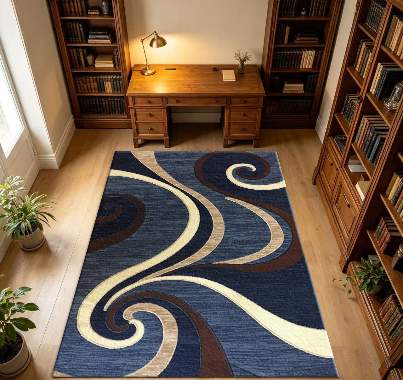 Modern Navy Blue and Beige Brown Swirl-Shaped Curved Non-Slip Carpet for Living Room Home Use