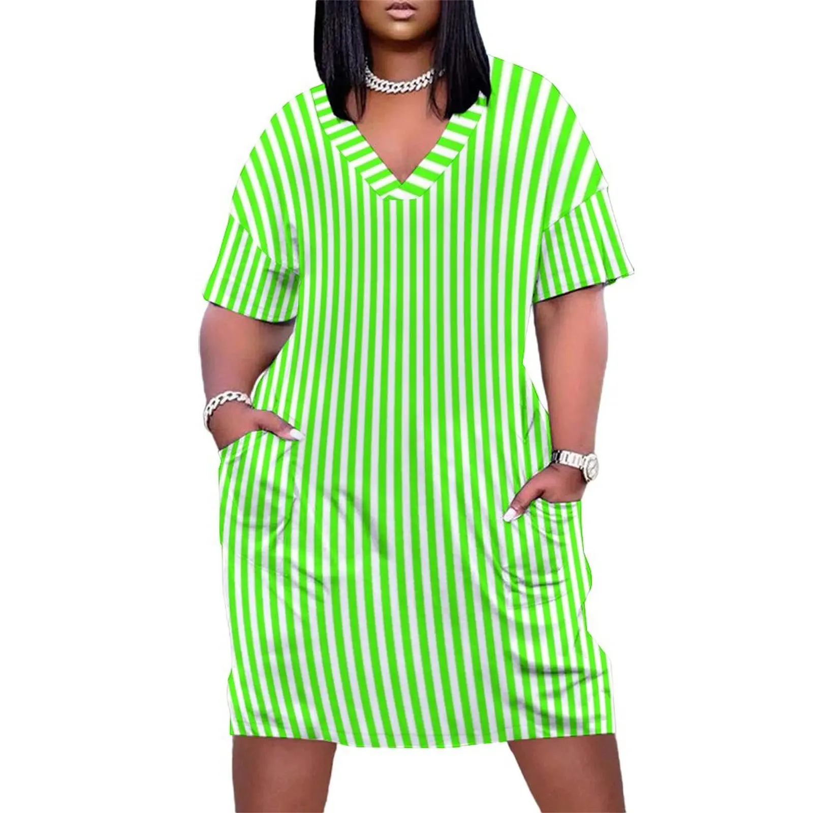 

Green and White Striped Slimming Dress Loose Pocket Dress long sleeve dress prom dresses womans clothing