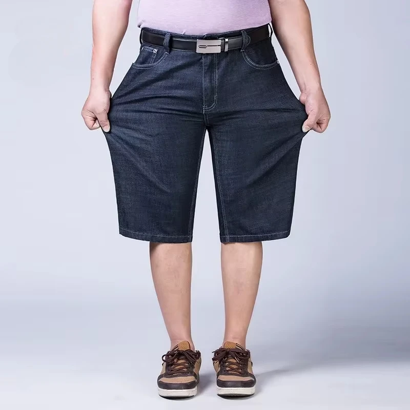 Shorts jeans masculino na altura do joelho verão fino 180kg plus size 50 52 54 56 elástico masculino jeans homem solto meia calças cortadas