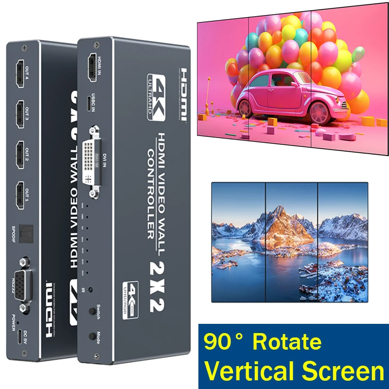 

2x2 HDMI video wall controller 2x2 TV Wall Splicing Processor 1x2 1x3 2x1 3x1 for 4 TV Screens into 1 Wall Display 90° Vertical