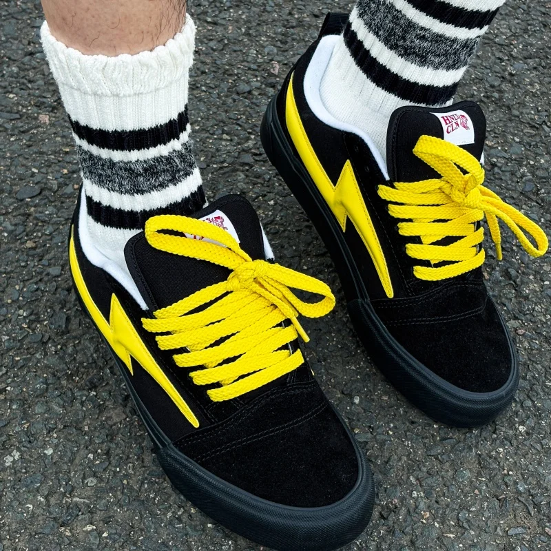 Black Yellow Color Block Couple Skate Shoes, Lightning Design Chunky Bread Shoes, Breathable Wear-resistant Trendy American Stre