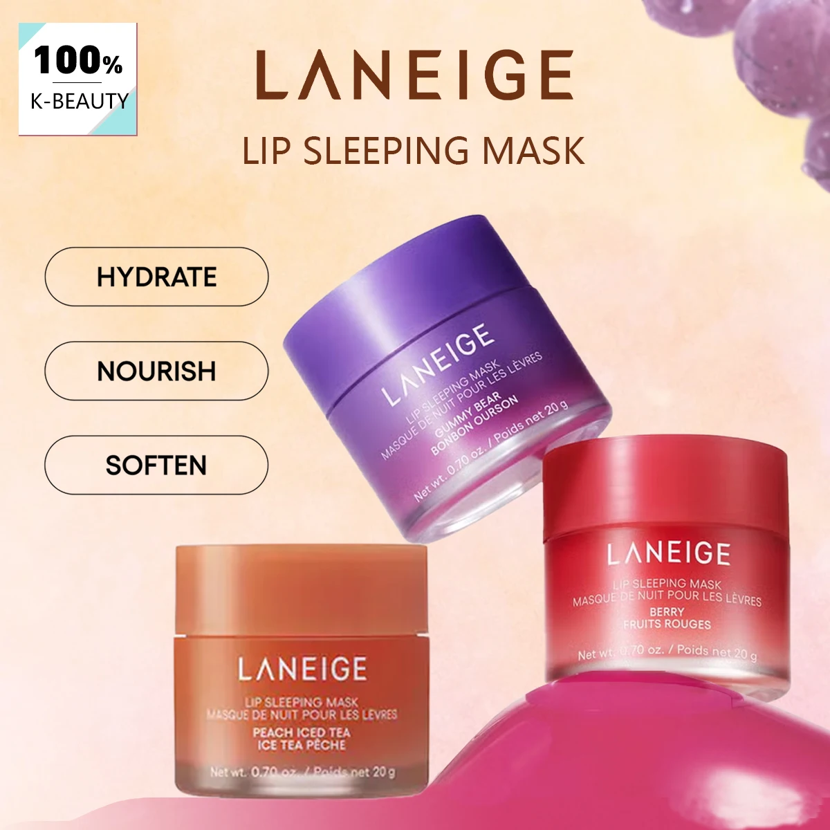 Mascarilla Labial Nocturna Laneige, Hidratación Duradera y Alivio de la Sequedad, Textura Suave y Tratamiento Frutal, Cuidado de la Piel Coreano, Maquillaje Coreano