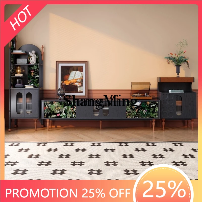 

SM new wood TV cabinet combination retro small apartment living room wall solid wood TV cabinet storage cabinet