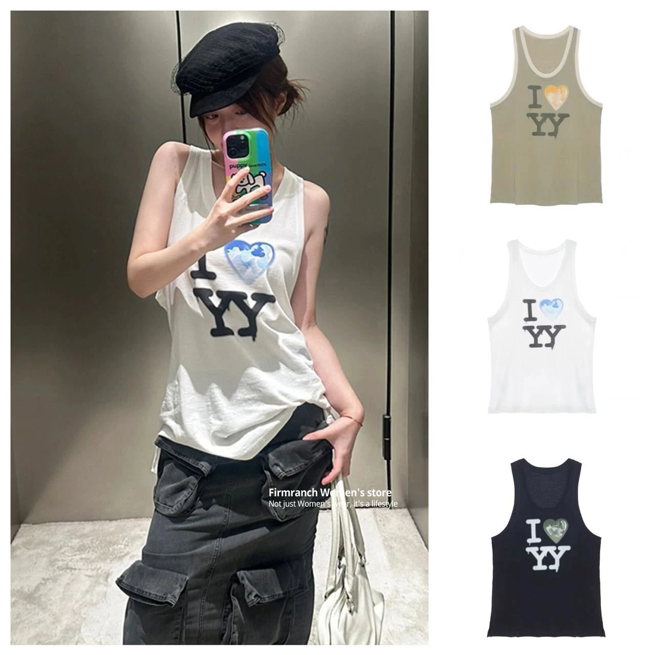 Firmranch New Korean Fashion Loose Sleeveless Shirt I Love YY Printed Long Vest For Women Summer Girls' Chic Tank Top Blouse