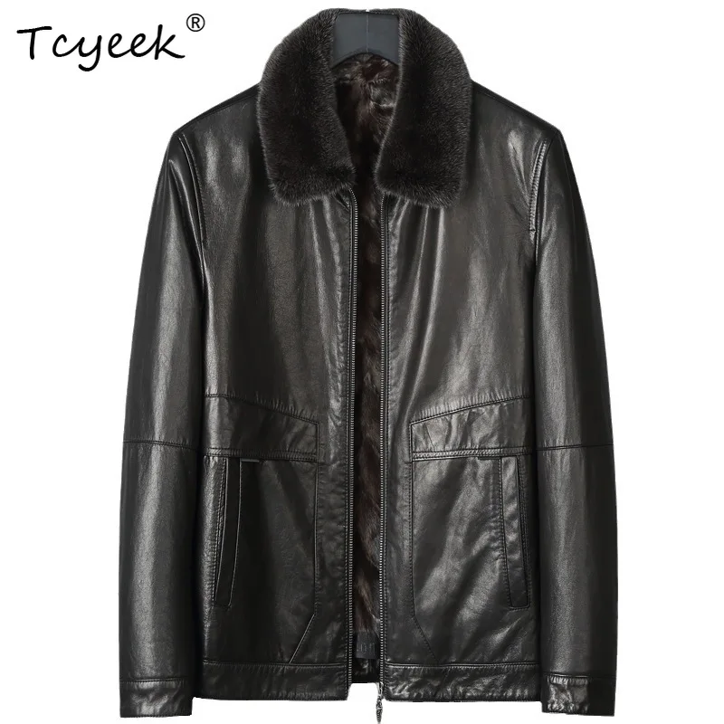 

Tcyeek Goatskin Autumn Winter Trendy Lapel Mink Inner Liner Solid Color Men's Genuine Leather Jacket Jaqueta De Couro Masculina