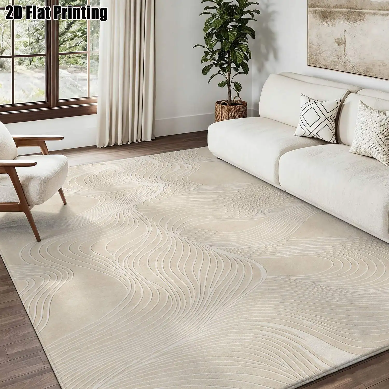 1Pc 2D Printed Beige Abstract Wave Line Nordic Modern Minimalist Geometric Striped European Carpet, Home Decoration, Multi-Size, Machine Washable, Suitable for Living Room, Bedroom, Dining Room, Entrance, Study