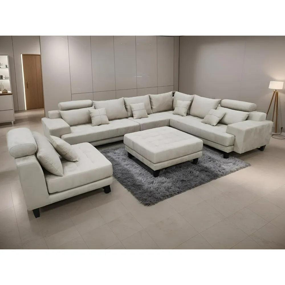 

L Shape U Shape Reversible Microfiber Fabric Sectional Couch Sofa Set, 110-142" L x 110" D x 35" H, Living Room Sofas, Beige