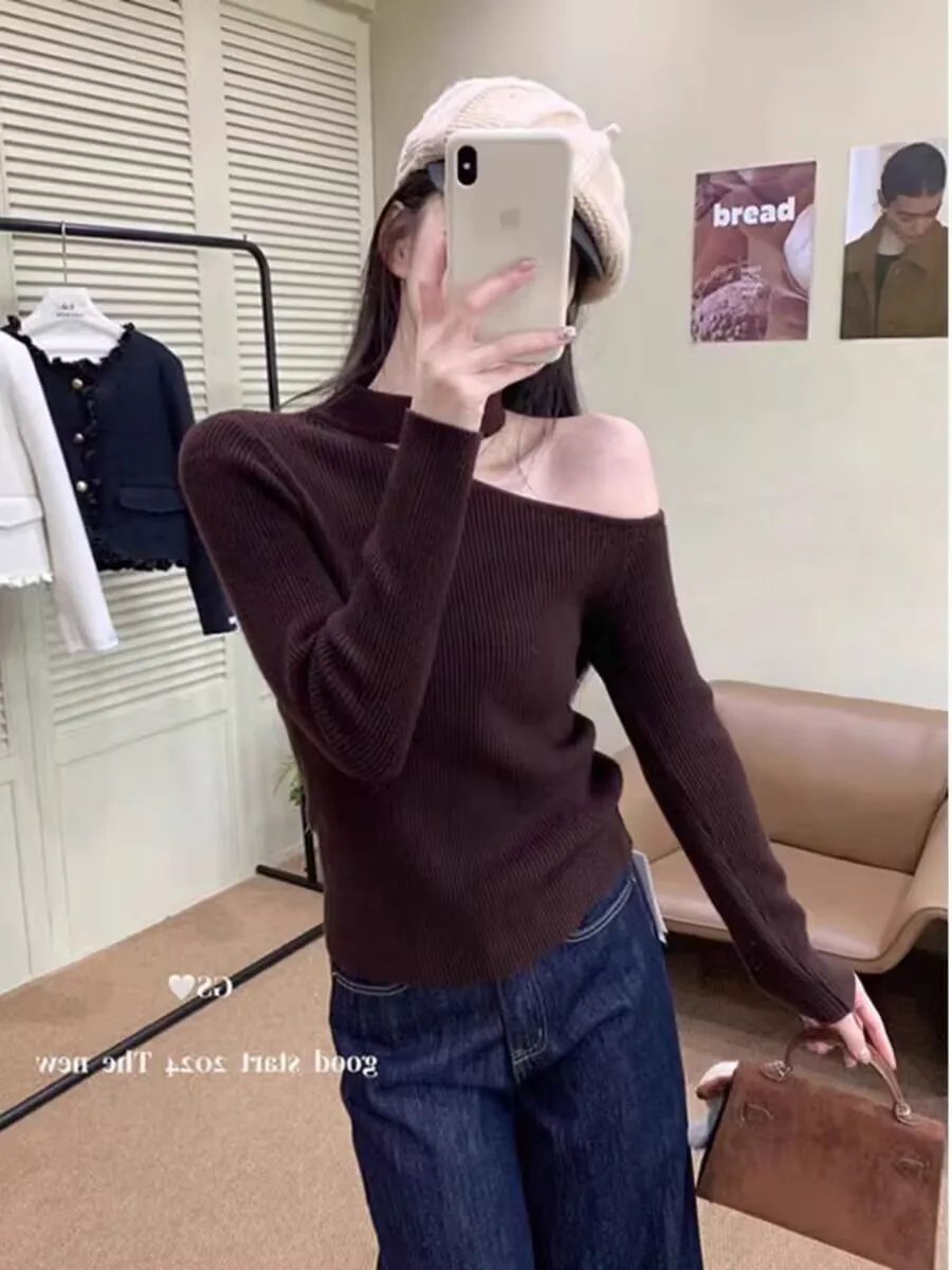 Shoulder-off Eye-catching Sweater Slash Collar Bottoming Casual Female Autumn Winter Woman Slim Halter Sweet Blouse Solid