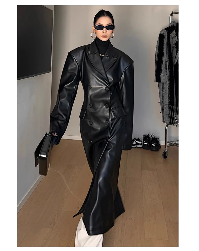 Nerazzurri Spring Autumn Luxury Long Black Fitted Pu Leather Trench Coat for Women Shoulder Pads Double Breasted Runway Fashion