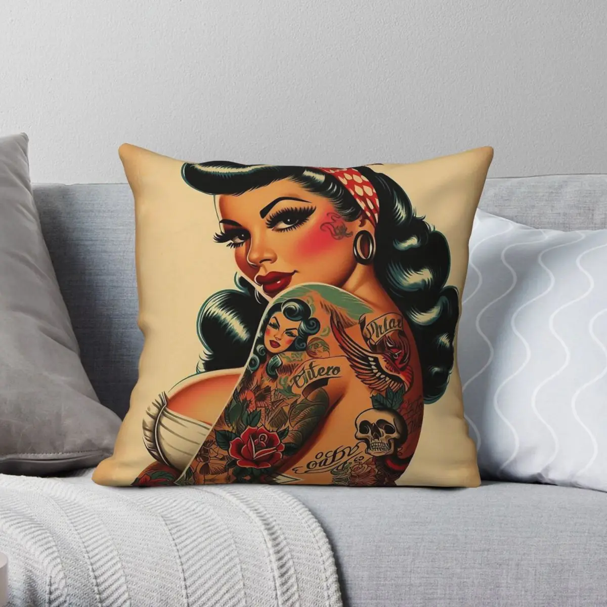 

Old School Tattoo Pin-Up Square Pillowcase Polyester Linen Velvet Creative Zip Decor Pillow Case Sofa Seater Cushion Cover 18"