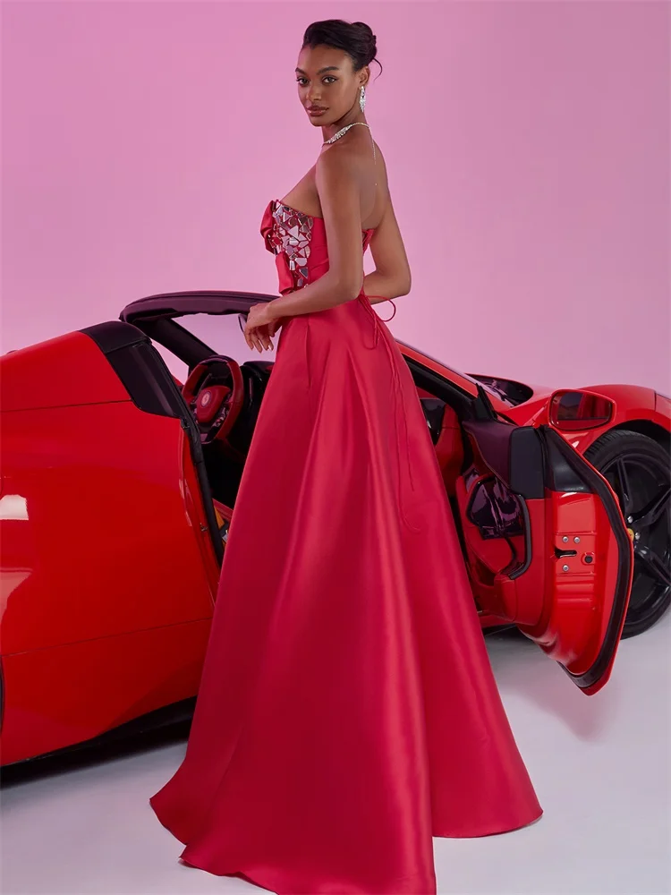 فستان سهرة أنيق من الساتان للنساء 2025 فستان فاخر بدون حمالات للحفلات الراقصة أخضر طول الأرض فساتين رسمية زرقاء