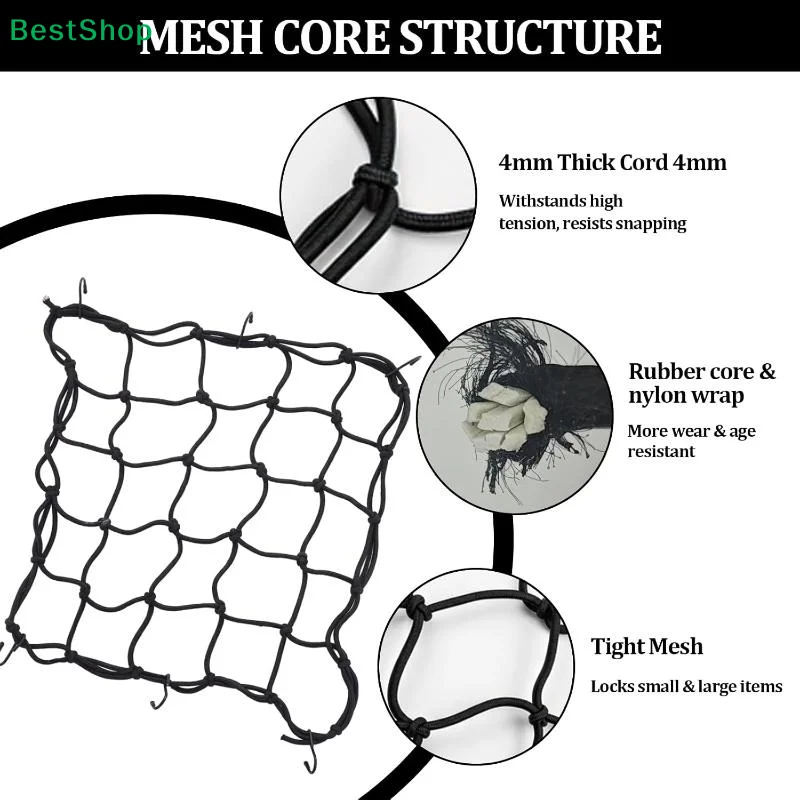1x Motorcycle Luggage Net Bike 6 Hooks Hold Down Fuel Tank Luggage Mesh Web Bungee Black Motorcycle Bike Tank Car Styling