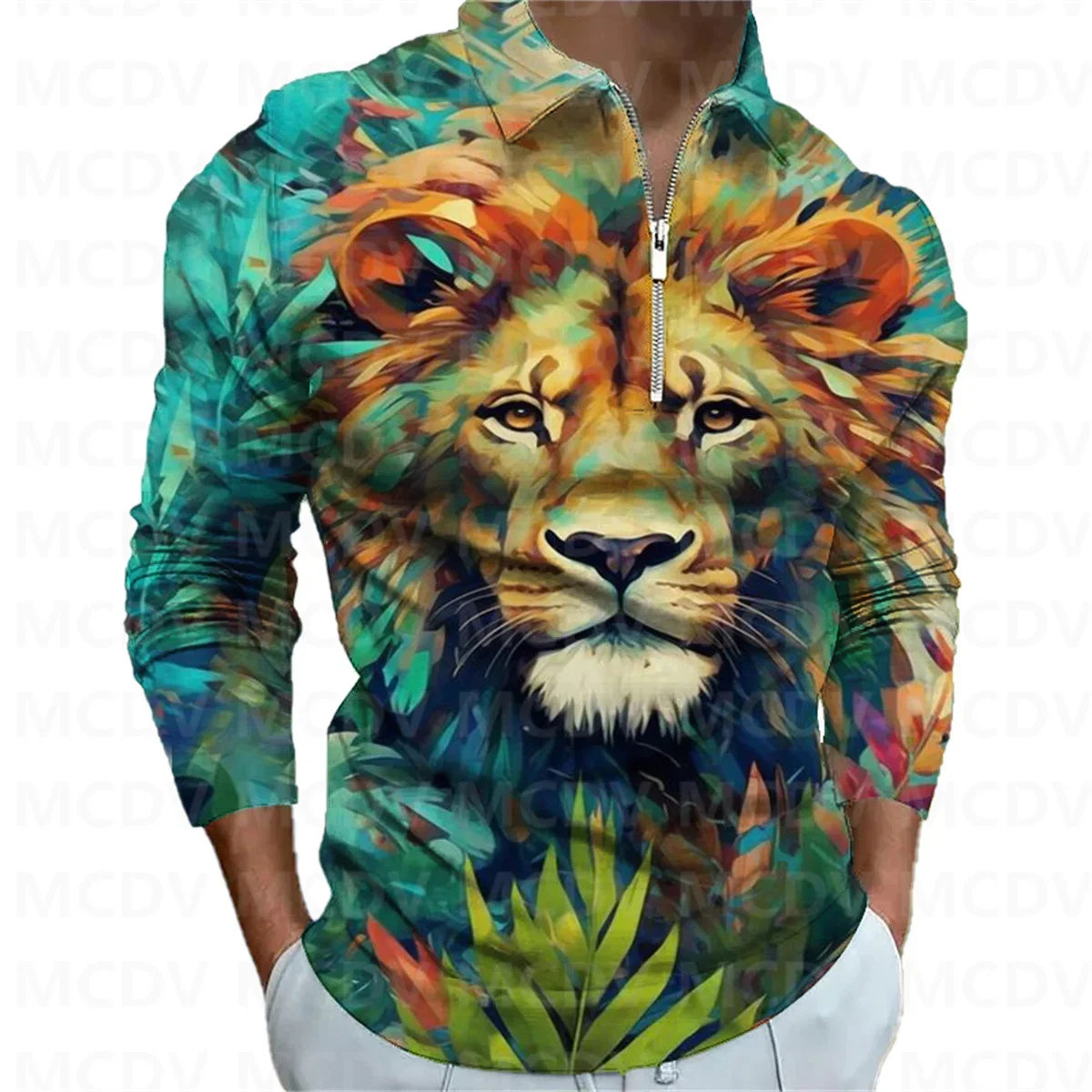 

2023 New Men's Long Sleeve Zipper Polo Shirt Lion 3D Printed Polo Long Sleeve T Shirt Casual Tops