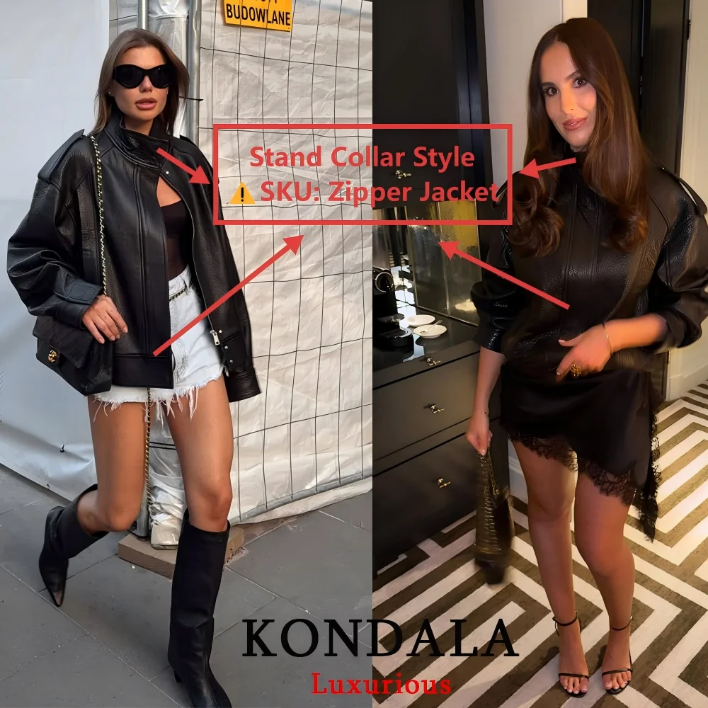 KONDALA Ležérní elegantní černé kožené bundy pro ženy s dlouhým rukávem, knoflíky, elastické nadměrné kabáty, módní podzimní streetwear kabáty 2025 - náhled 6