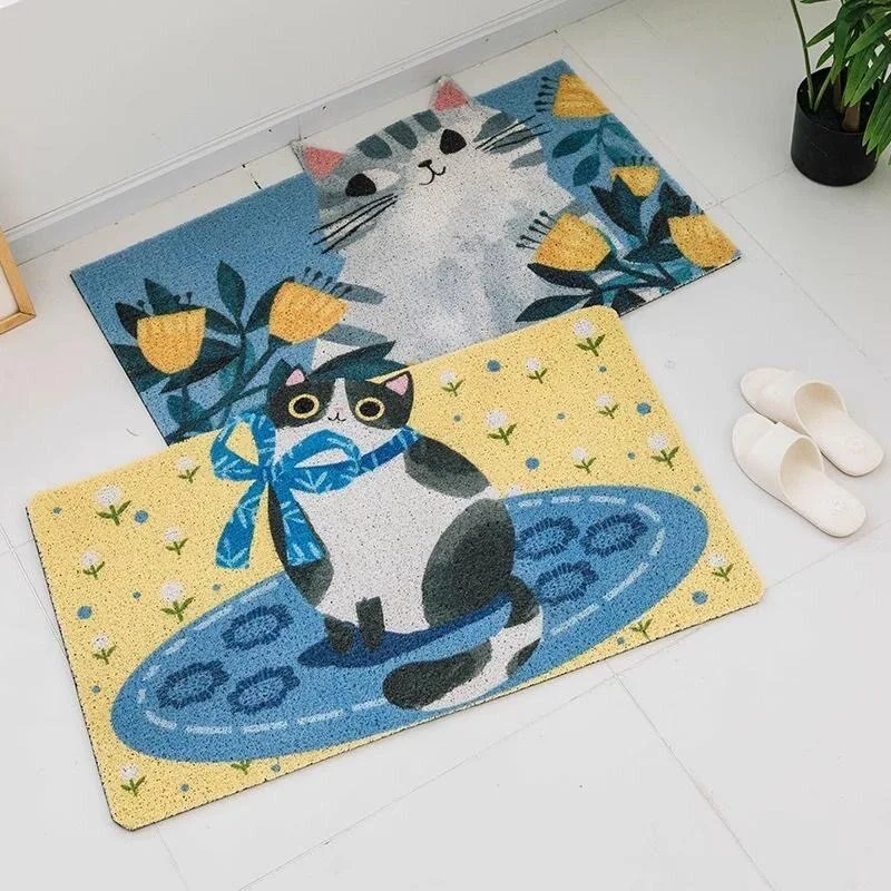 Cat Cartoon Non-Slip Doormat, Sand Scraping, Door Entrance Welcome Mat Hallway Bath Rug, Dust Removal Carpet, Wire Loop Footpad