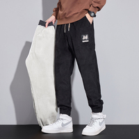 Winter Men's Fleece Jogging Pants Warm Thick Corduroy Cargo Trousers Fashion Korean Casual Sweatpants Streetwear Black