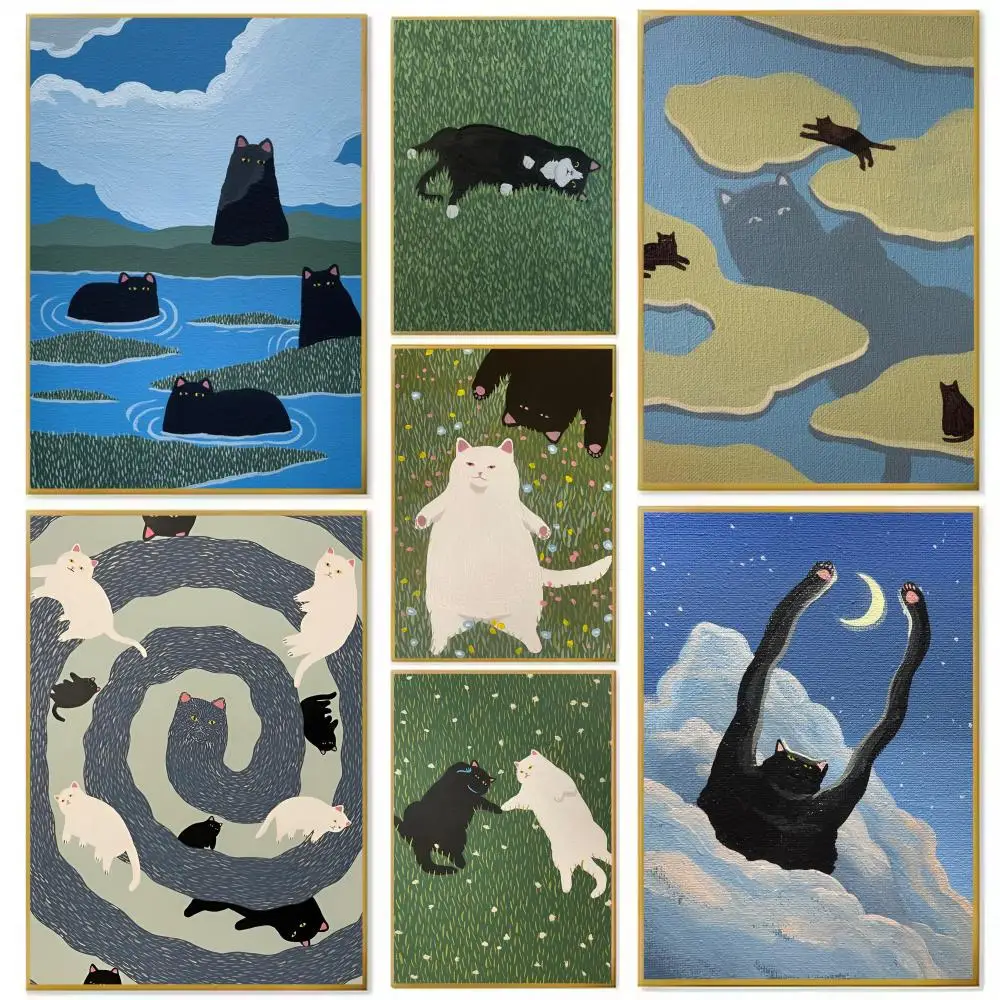 مضحك لطيف عشاق القط اللوحة الخط شخصية الفضاء قماش ملصق جدار جدارية الفن صور لغرفة ديكور المنزل