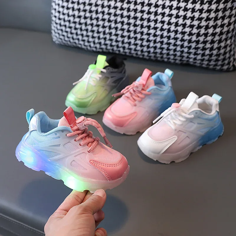 2025 Child Sport Shoes Spring Luminous Fashion Breathable Kids Boys Net Shoes Girls LED Sneakers with Light Running Shoes