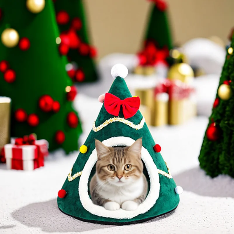 Doghouse Christmas Tree Shaped Pet Tent, Warm Autumn and Winter Creative Trendy Chinese New Year-Style Semi-Enclosed Cat Bed