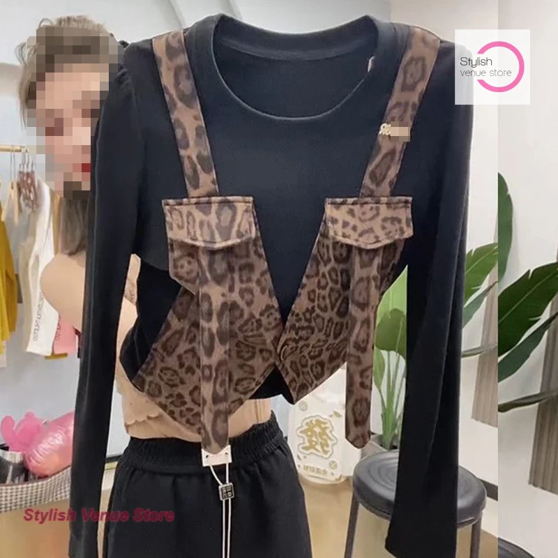 

French high-quality fake two-piece leopard print blouse women's spring and autumn new sling vest splicing slim bottoming shirt