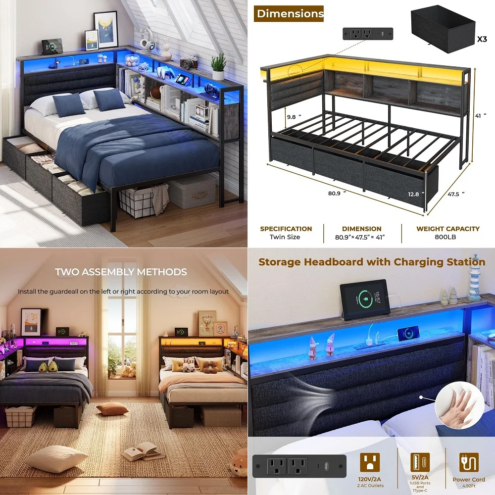 

Corner Bed Frame with Storage Bookcase and LED Lights, Twin Size Bed Frames with Upholstered Headboard and Charging Station, Tw