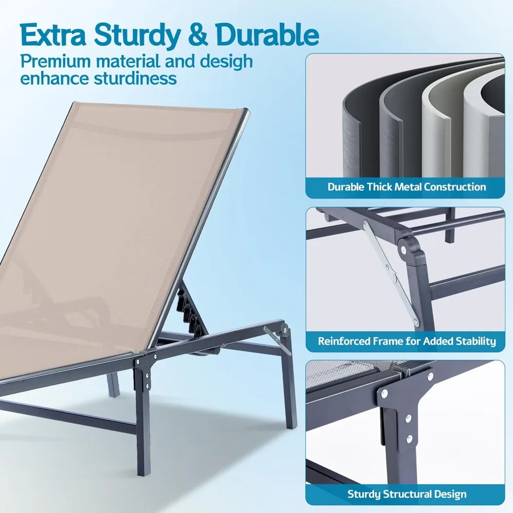 طقم كراسي استرخاء خارجية مكون من قطعتين، قابلة للطي وخالية من التجميع، 6 أوضاع قابلة للتعديل، إطار متين مقاوم للصدأ، محمول