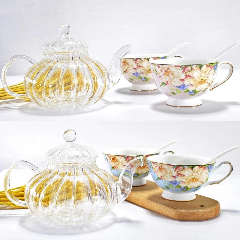 3pcs Set, Clear Glass Tea Pot and Bone China Cups, Pumpkin Design Coffee Pot, Tazas Delicate Ceremony Set