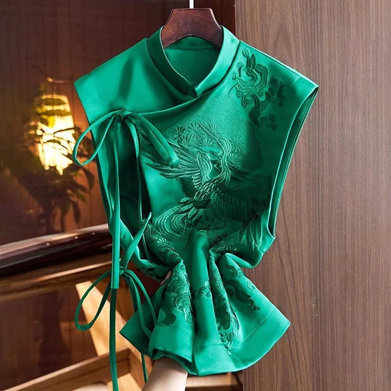 เสื้อนอกสไตล์ย้อนยุคเสื้อกั๊กจีนปักลายนกกระสาสีเขียวเสื้อกั๊กสไตล์จีน2024สำหรับฤดูใบไม้ผลิและฤดูร้อน