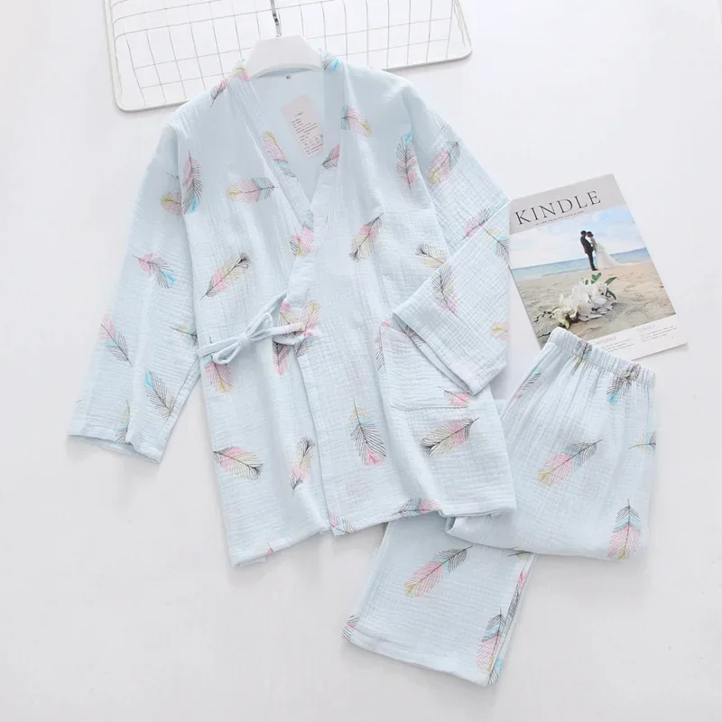 Japanese kimono ladies spring and summer pajamas two-piece three-quarter-sleeved trousers cotton crepe lace home service set