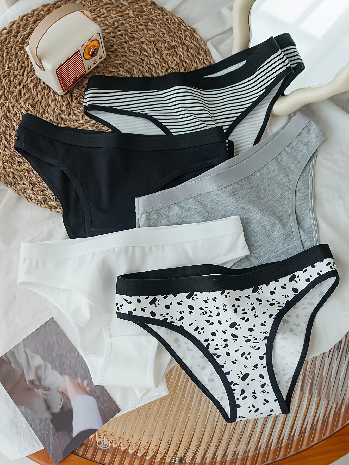 5-piece mixed color pure cotton simple style women's briefs, low waist bag, simple striped color-blocking women's underwear