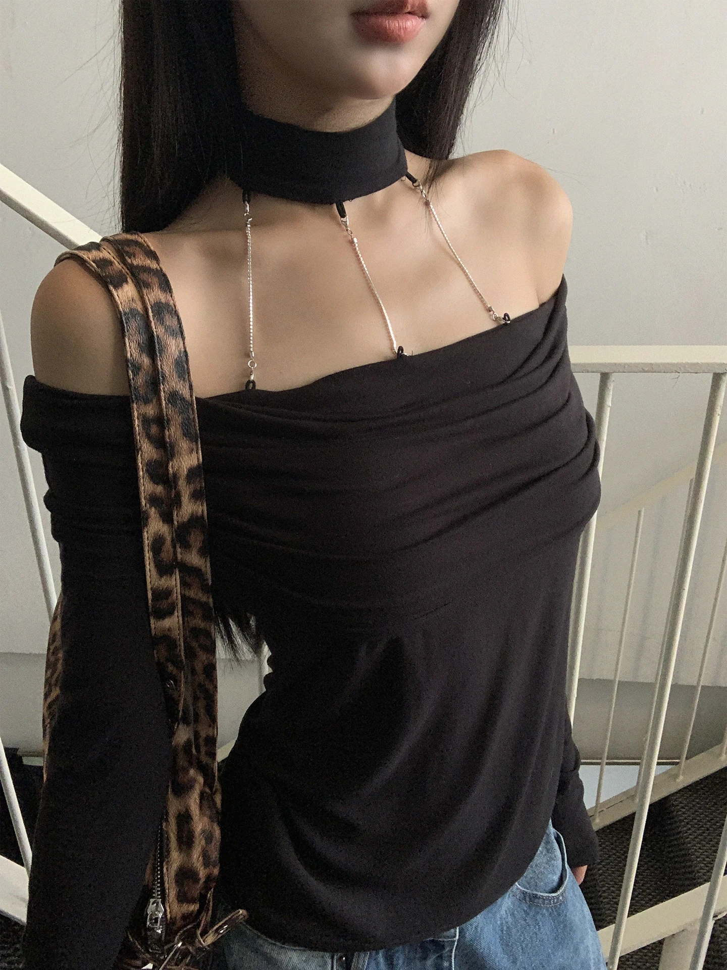 

Bla Long Sve Base irt Women's New Autumn Korean Sle oulder Exposure One oulder Top Commute Sle Straight Tube pe