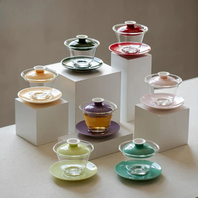 

150 мл Прозрачный стеклянный гайвань «Три таланта» в винтажном стиле, чайная чаша с крышкой, набор для чаепития Кунг-фу, подарочный комплект