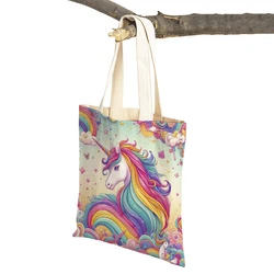 Cute Cartoon Animal Art Magic Unicorn Women Shopping Bags Double Print Children Gift Birds Shopper Bag Linen Lady Tote Handbags