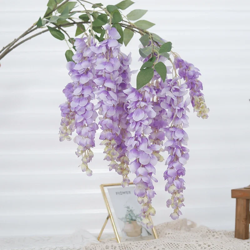 93cm 3 Fork Artificial Flowers Purple Hanging Vine Wisteria Garland For Wall Background Outdoor Wedding Silk Rattan Fake Plants