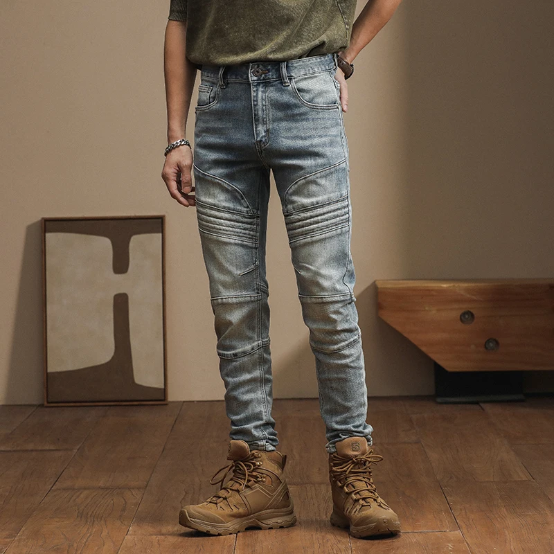 New American high-end trend Slim personality craft splicing biker small leg pants vintage men's jeans distortion denim