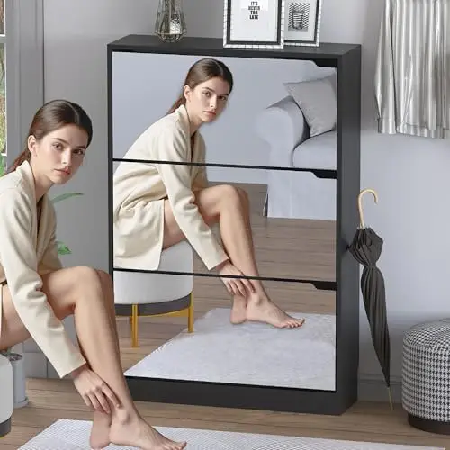 Shoe Cabinet with 3-Flip Mirror Drawers, Freestanding Shoe Rack Organizer with Hidden Handle, Slim Narrow Shoe Storage image 3